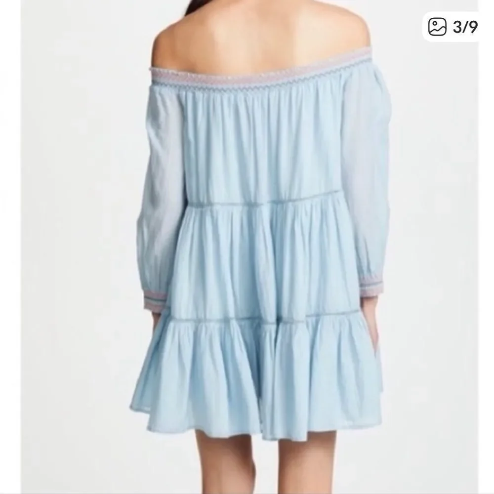 Free People Sunbeams Floral Embroidered Off Shoulder Dress Blue